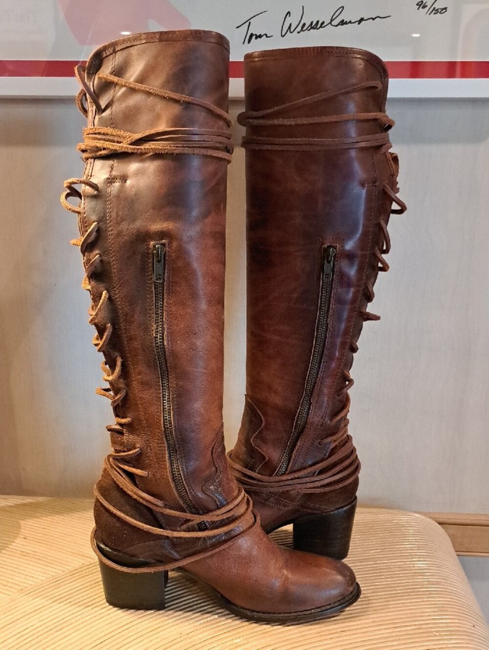 Freebird by Steven Cognac Coal Knee-High Laced Heeled Boots 10 - Picture 4 of 10
